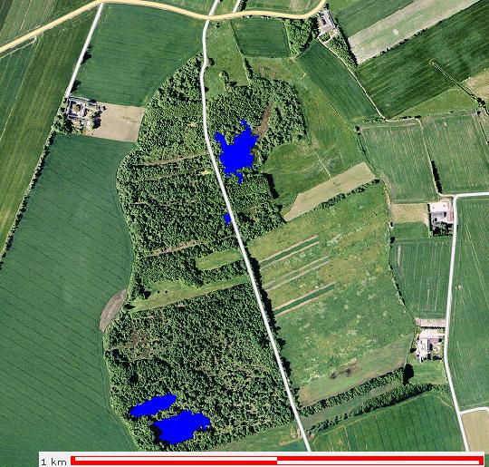 Asferg Mose luftfoto - søer markeret med blå farve Asferg Mose luftfoto - søer markeret med blå farve